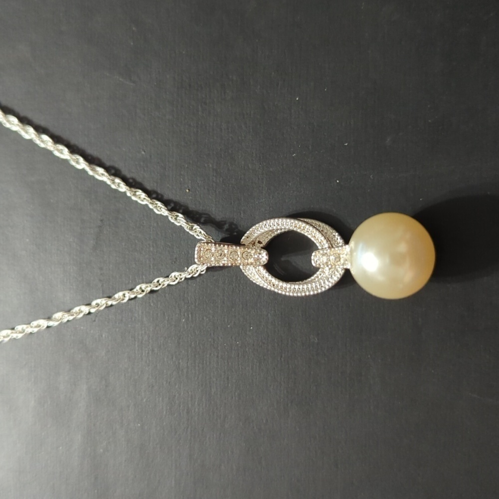 NVC Silver Tone Faux Pearl Clear Rhinestone Pendant Statement Necklace
